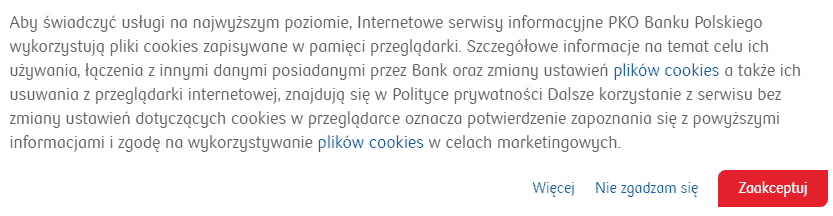 Przykład poważnego komunikatu o cookies  - strona banku PKO BP