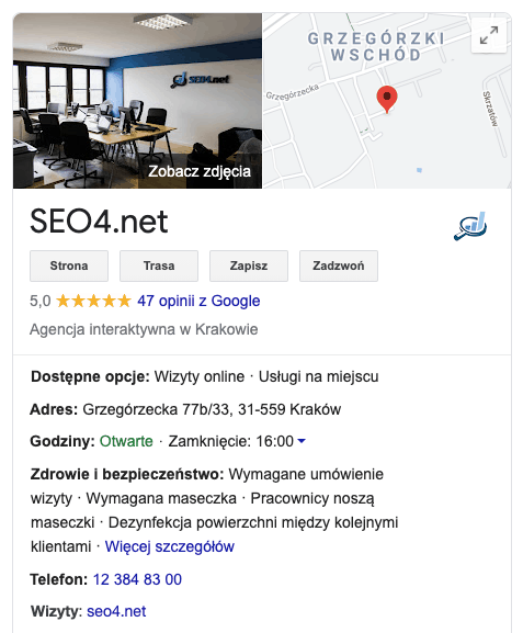 Wizytówka Google Moja Firma krakowskiej agencji SEO4.net